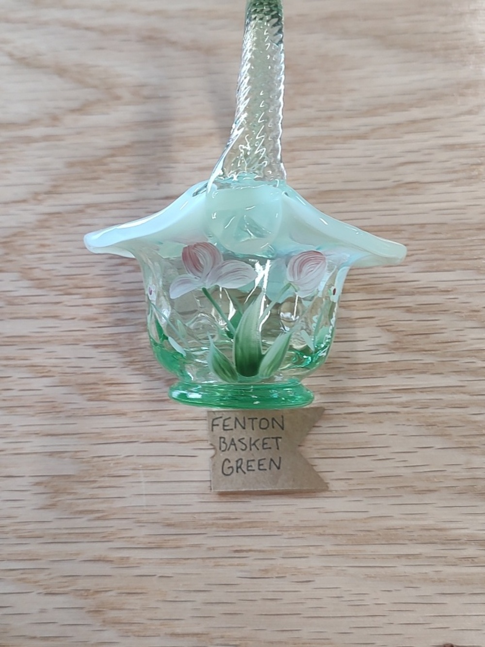 Fenton Iridescent Light Green Glass Floral Basket with Twisted Handle